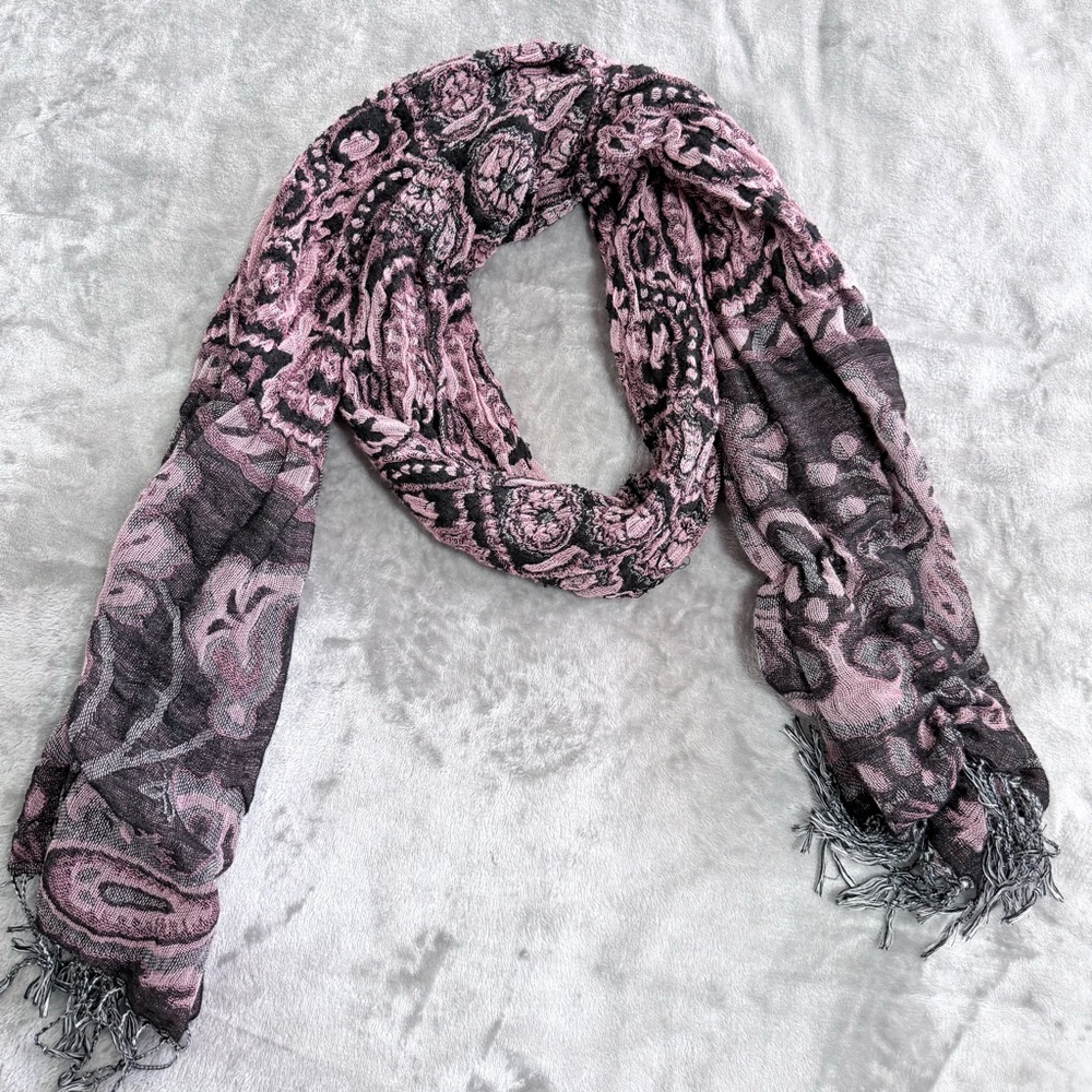 Vintage Viscose Pink Purple Black Scarf 72”L